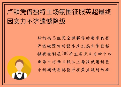 卢顿凭借独特主场氛围征服英超最终因实力不济遗憾降级
